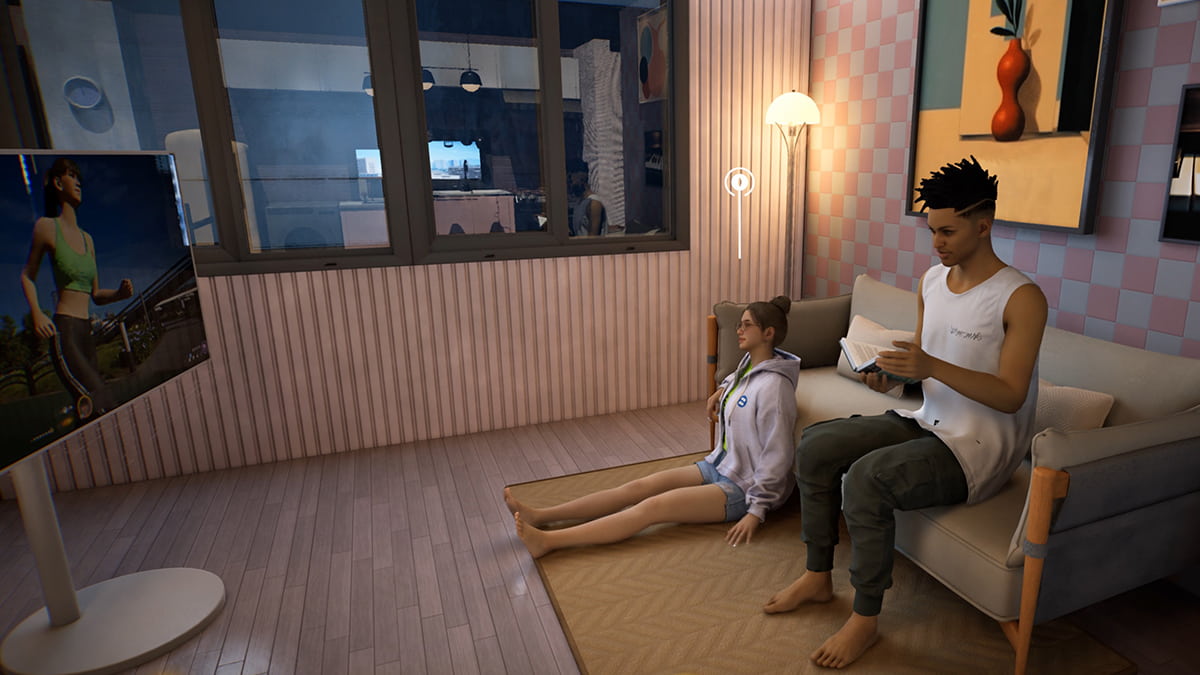 Image of a couple of Zois sitting in a living room watching TV and reading a book in the game inZOI.