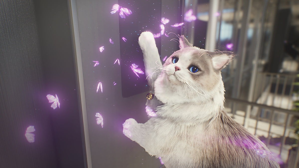 Image of a cat chasing glowing pink butterflies in the game inZOI.