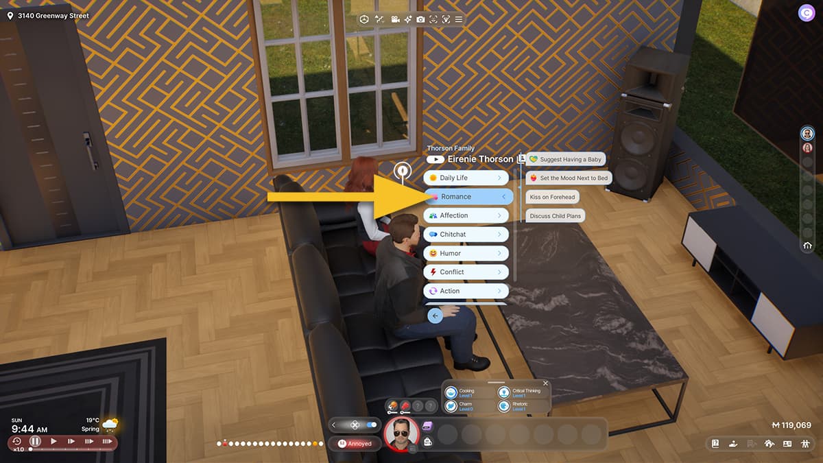 Image of two Zois in conversation on a couch in inZOI, with open dialogue options and arrow pointing on Romance.