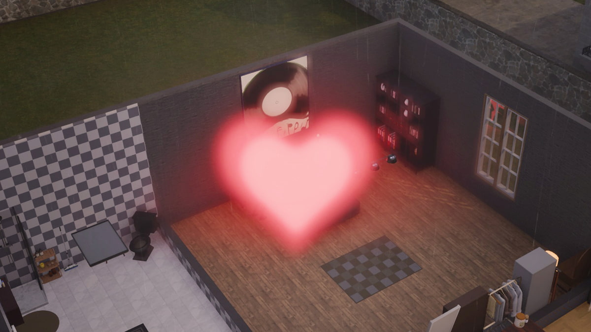 Image of a house in inZOI, with a pink heart over the bed where two Zois are located as part of their romance.