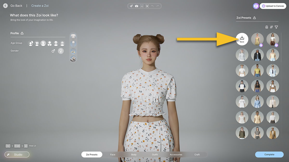 Image of a Zoi character creation process in inZOI, with an arrow pointing at the Save icon within the Zoi Preset tab.