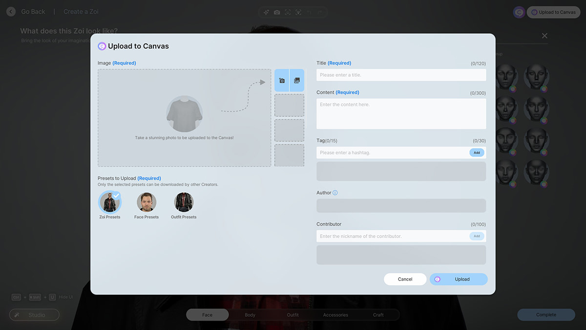 Image of the Upload to Canvas window in inZOI.