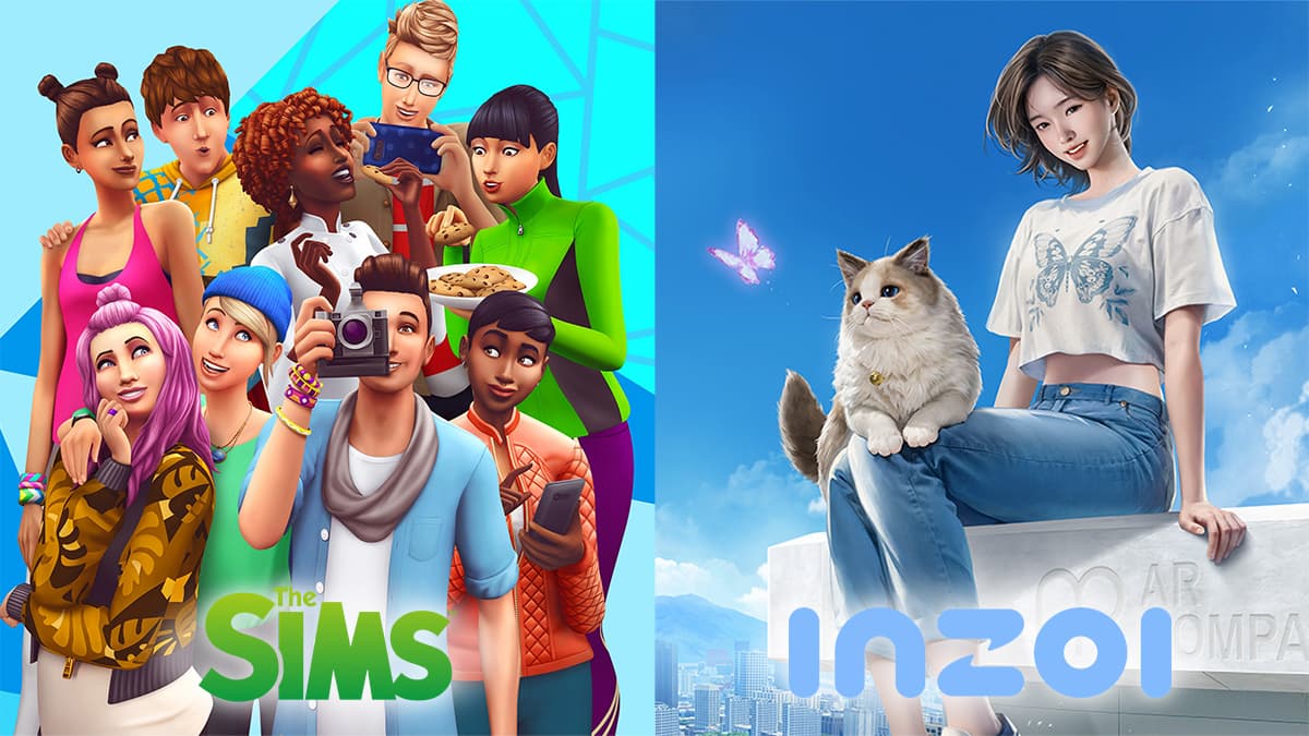 Cover image for an article about main differences and similarities between inZOI and The Sims, showing the characters from both games and their logos.
