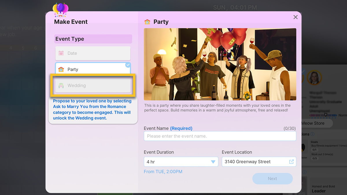 Image of the planning schedule in inZOI, with a box focusing on the wedding planner. 