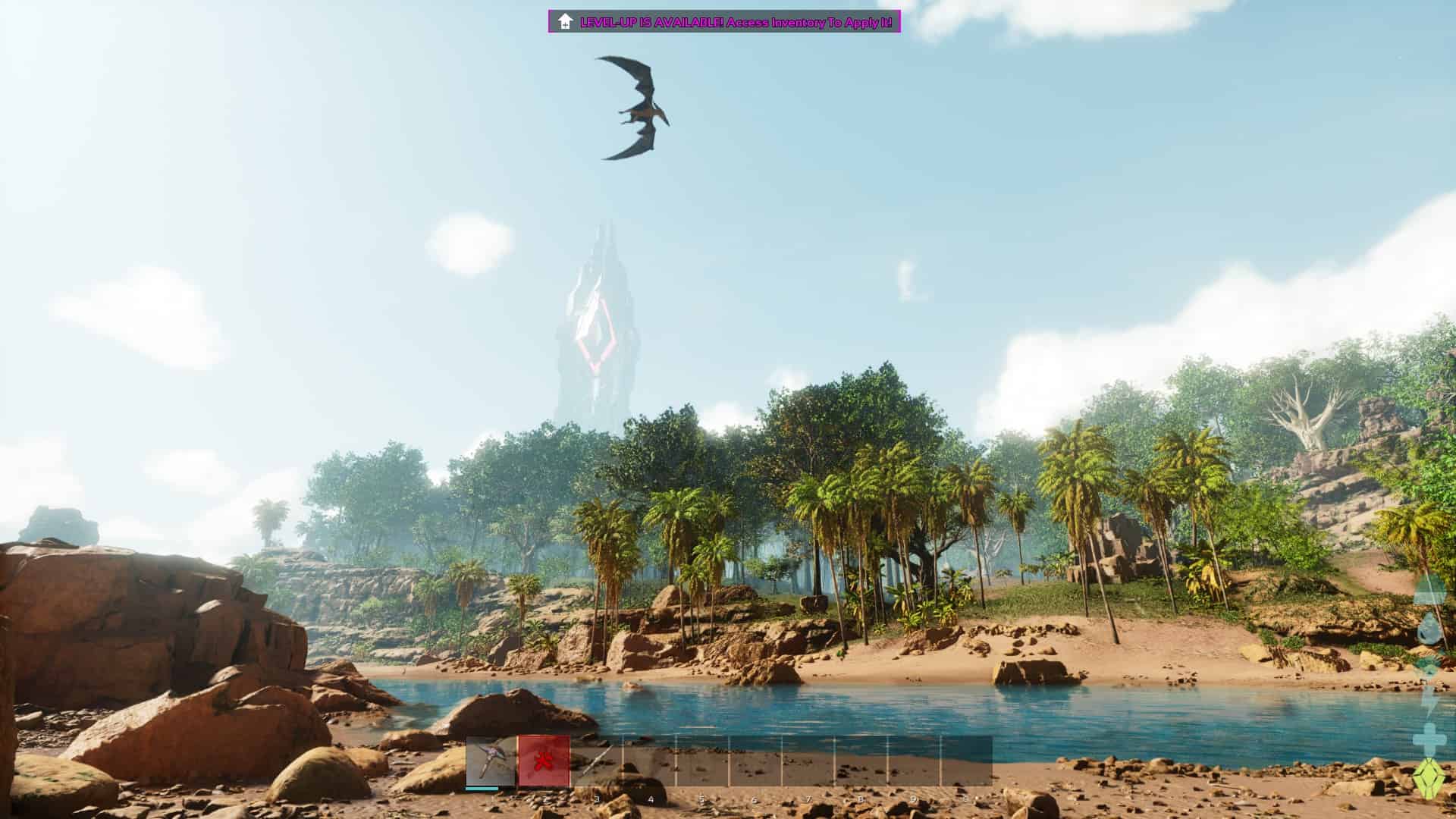 Is ARK Survival Ascended crossplay: A riverbank with a jungle on the other side while a Pterodactyl flies above.