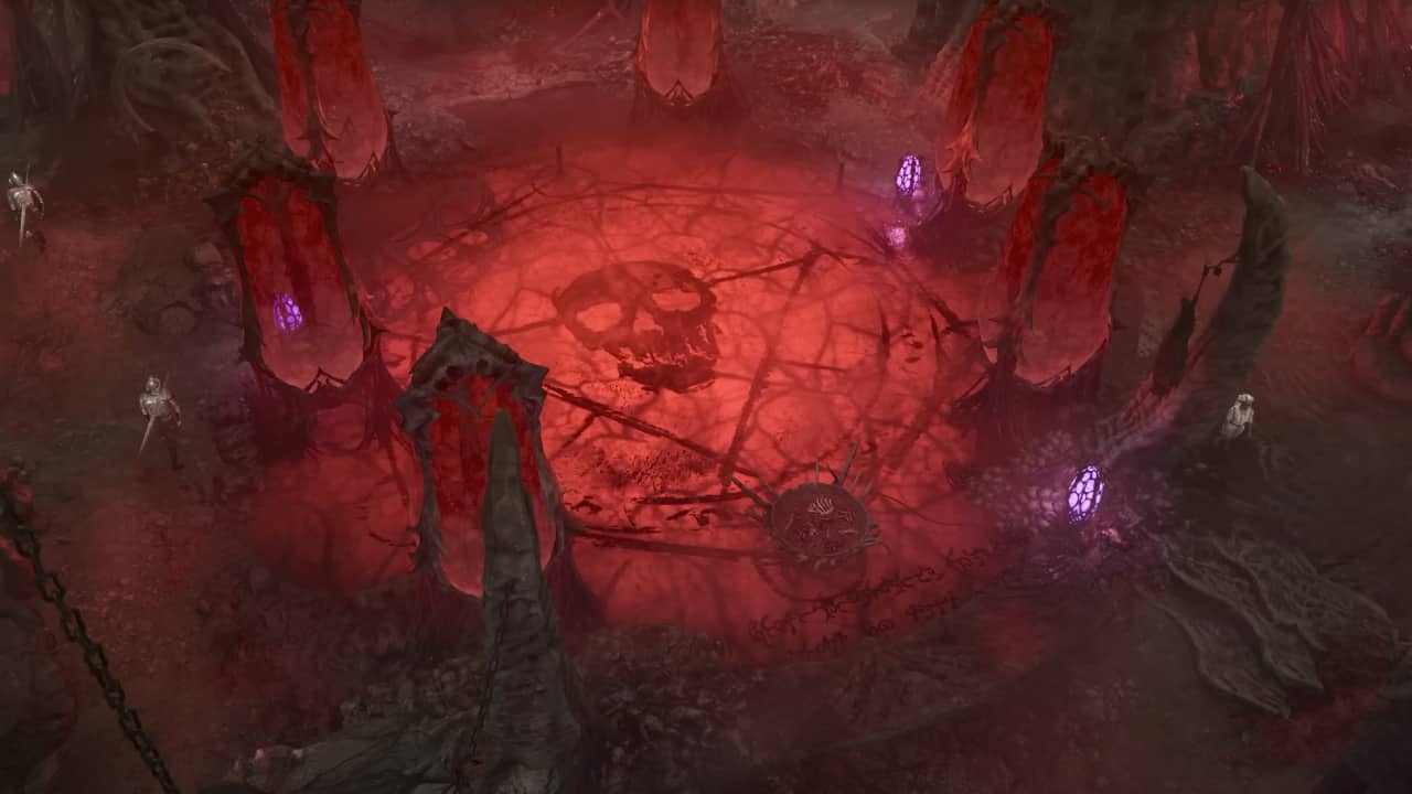 Baldur’s Gate 3 co-op: A blood-red glowing summoning circle for a death magic ritual.