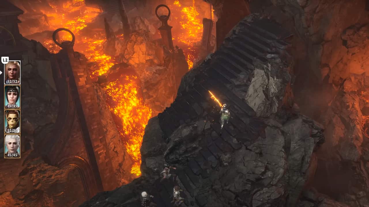 Baldur’s Gate 3 co-op: A player runs up a staircase in a fiery volcanic lair, with companions following behind.