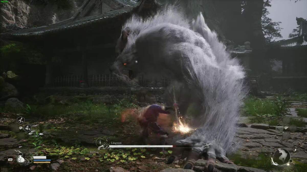 Is Black Myth Wukong a soulslike: Sun Wukong fighting a grey, hairy beast in front of a building.