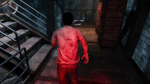 Dead by Daylight crossplay: Dwight runs across a metal walkway as the Killer closes in on him.