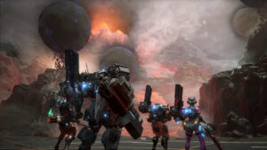 Exoprimal on Game Pass: Four Exos stand together in a volcanic, mountainous landscape as hordes of dinosaurs pour out of floating orbs.