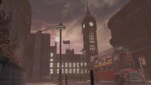 Is Fallout London on console: A view of Big Ben under a dark, reddish sky with a London Bus on the road in front of it.