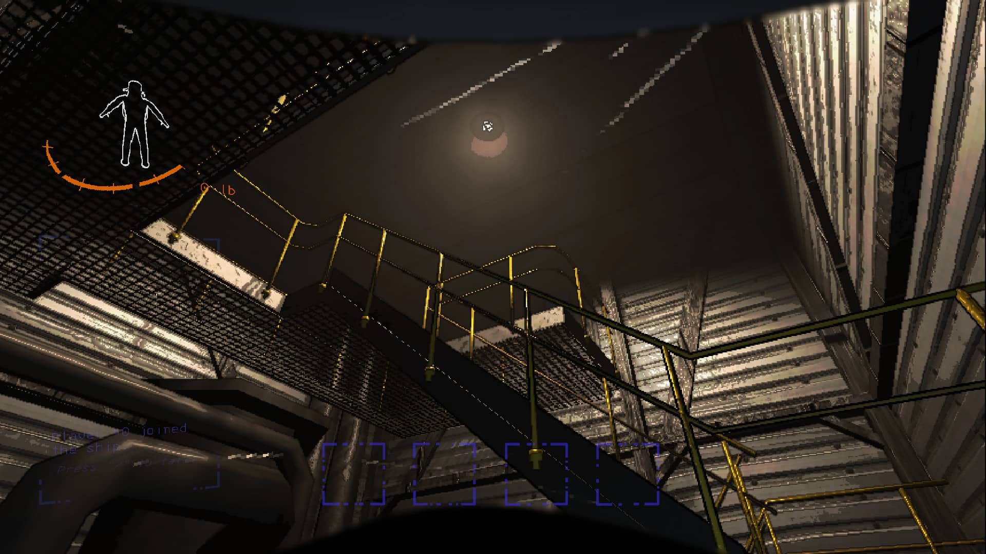 Is Lethal Company on console: Looking up at an empty metal stairwell.