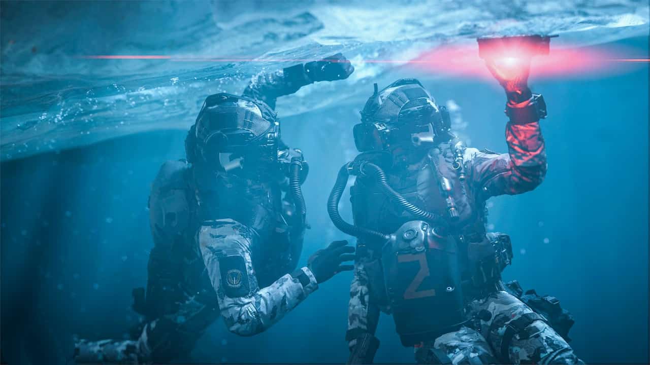 Two soldiers underneath the water in MW3