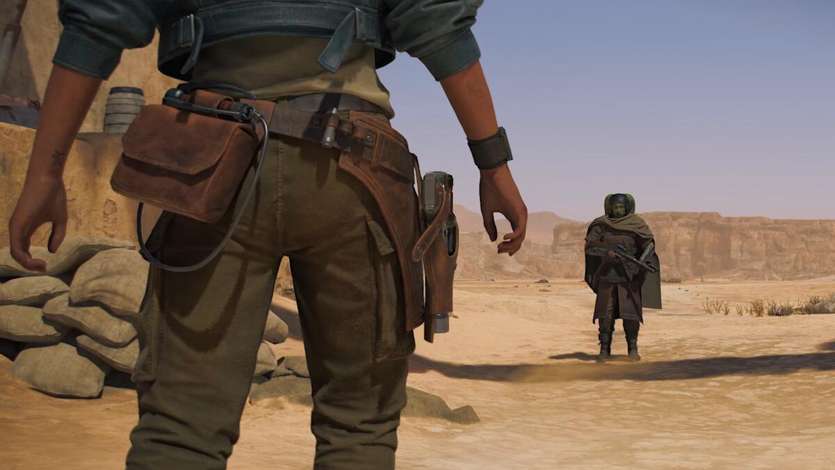 Is Star Wars Outlaws on Steam: Kay Vess facing a stranger with a gun on a desert planet.