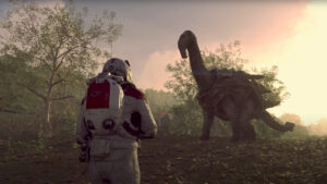 Starfield on Switch: An explorer comes face to face with a large, elephant like dinosaur alien in a forest clearing.
