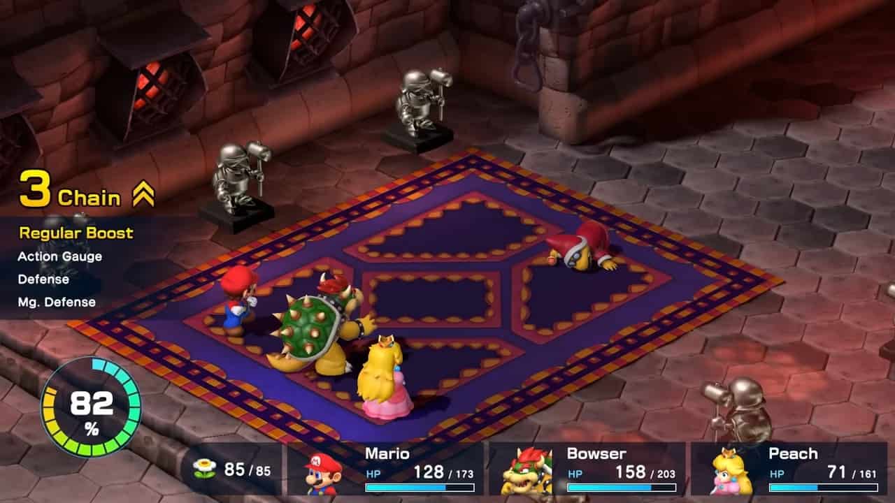Is Super Mario RPG worth it: Mario, Bowser and Peach in a battle.