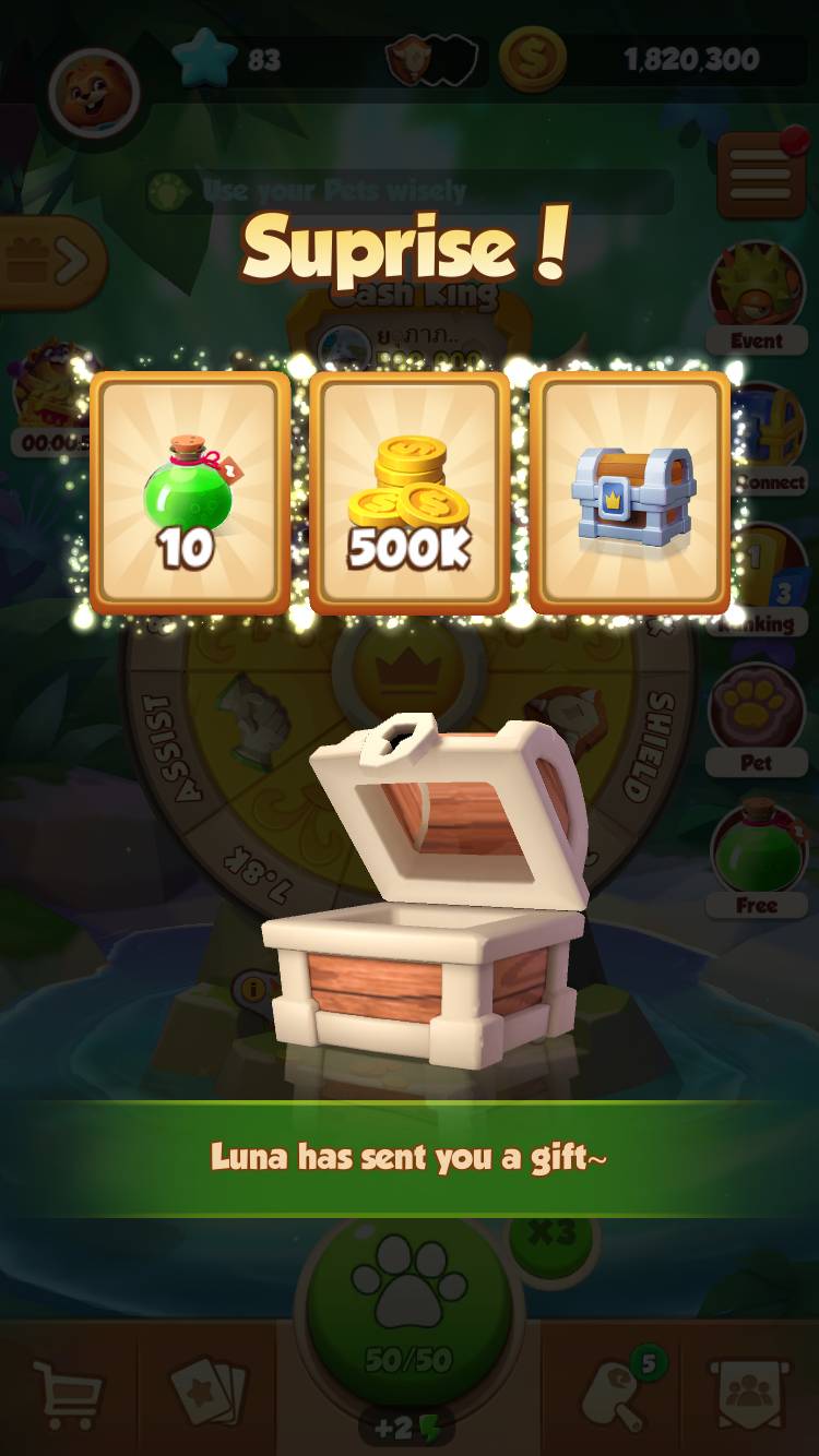 Island King free spins and coins links: link redemption screen.