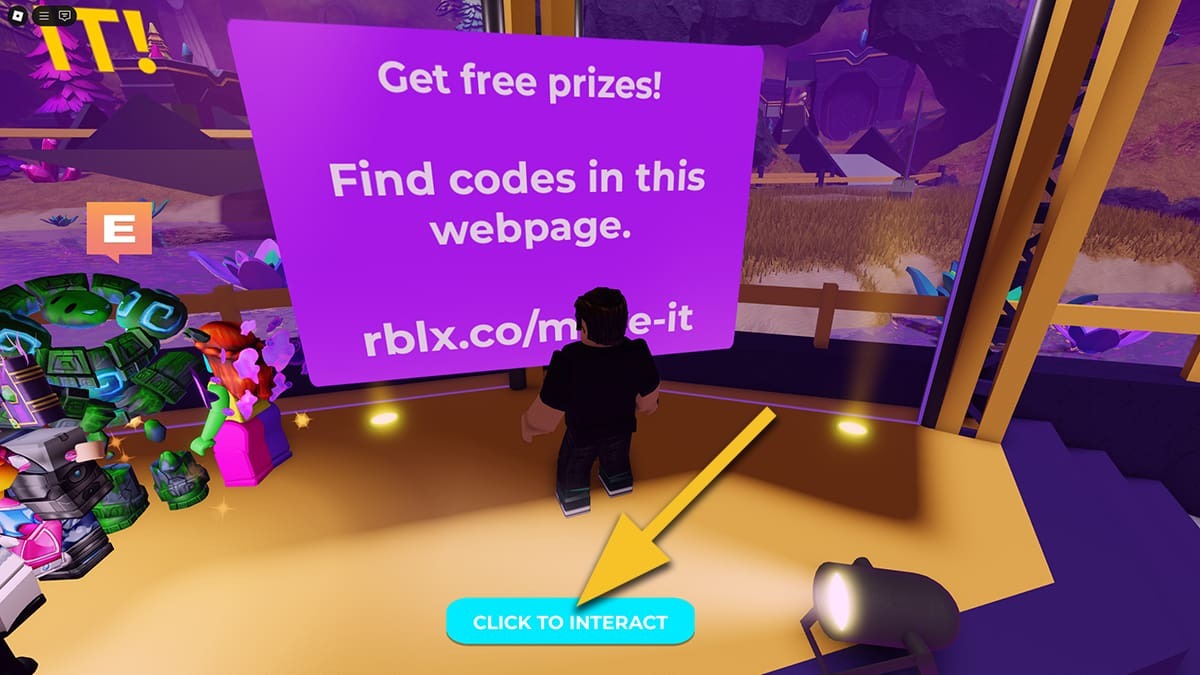 A yellow arrow points at the Click to Interact button at the bottom of the screen in Island of Move.