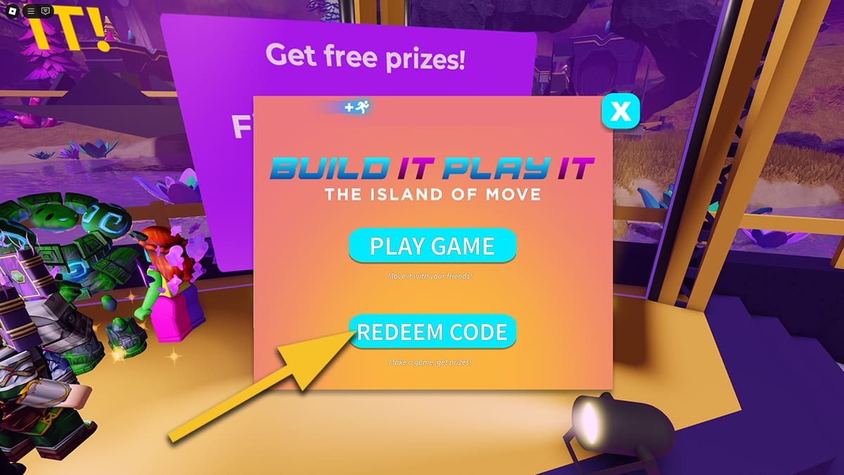The main menu in Island of Move. A yellow arrow points at the Redeem Code button