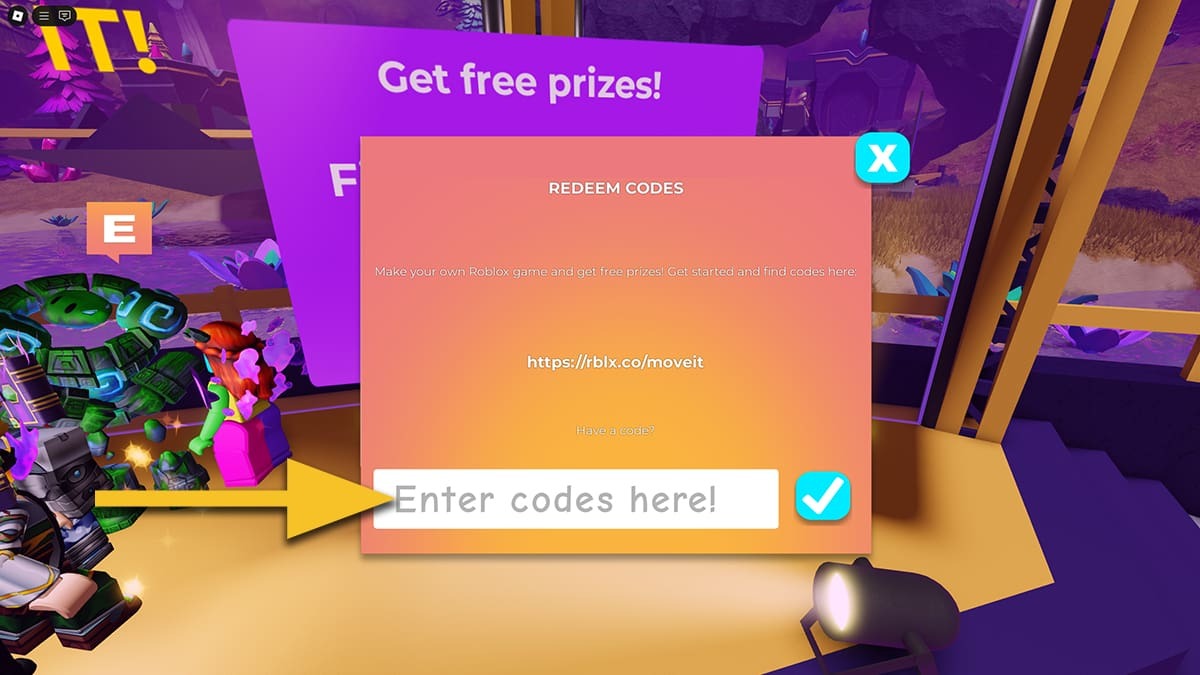 The Redeem Codes menu in Island of Move. A yellow arrow points at the text box where the player has to input the codes.