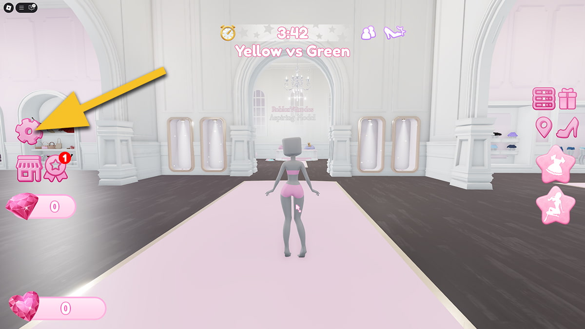 Image of the lobby in It Girl game on Roblox, with an arrow pointing at the cog icon.