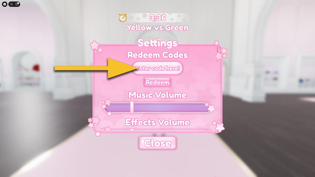Image of the Settings screen in It Girl on Roblox, with an arrow pointing at the code input box.