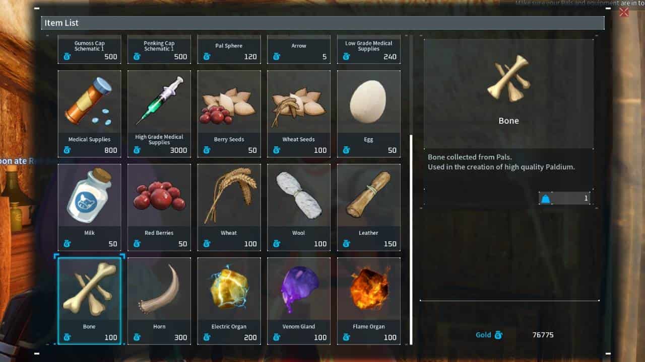A screenshot of a screen showing various items, including Bone in Palworld.