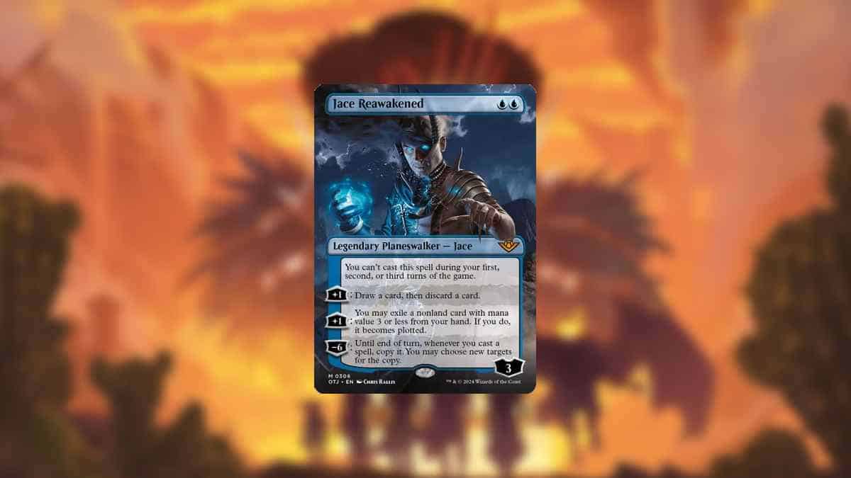 Most expensive MTG Outlaws of Thunder Junction cards: A man wielding blue flames is in the forefront of the frame, seemingly extending out of it and joining the third dimension.