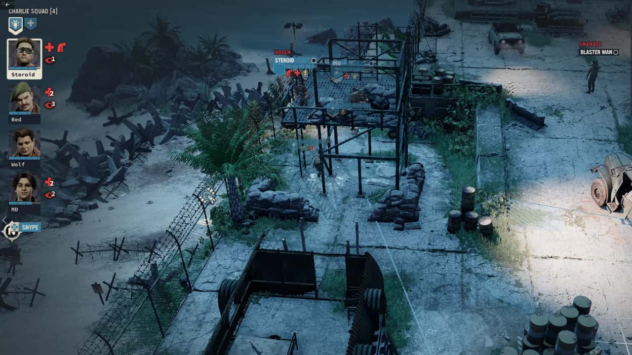 Jagged Alliance 3 review: The mercenaries get into position around a machine gun nest overlooking an occupied fort.