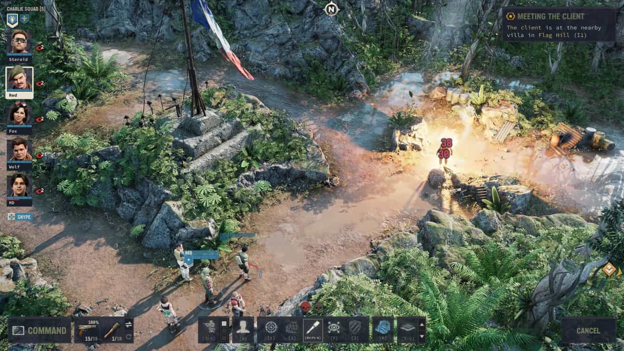 Jagged Alliance 3 review: Red scores a hit on two enemy legionaries with a stick grenade.