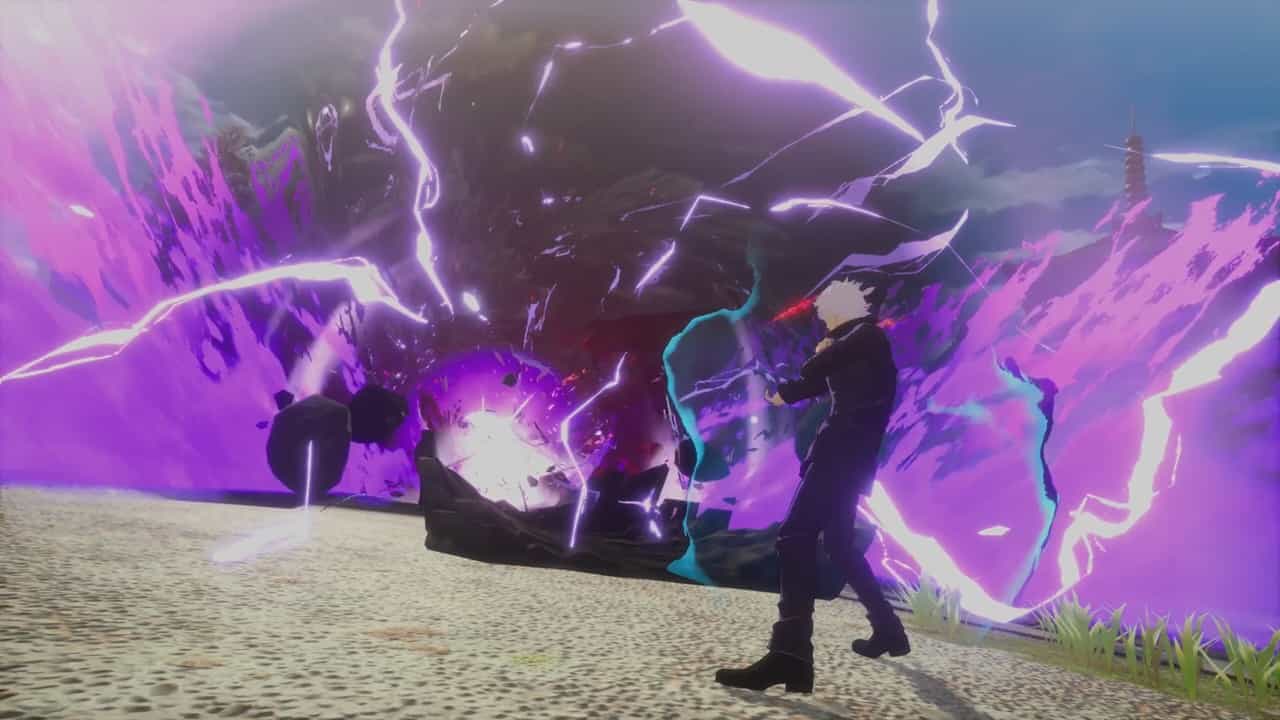 A character is standing in front of a purple explosion in Jujutsu Kaisen: Cursed Clash. Image from Bandai Namco Entertainment.