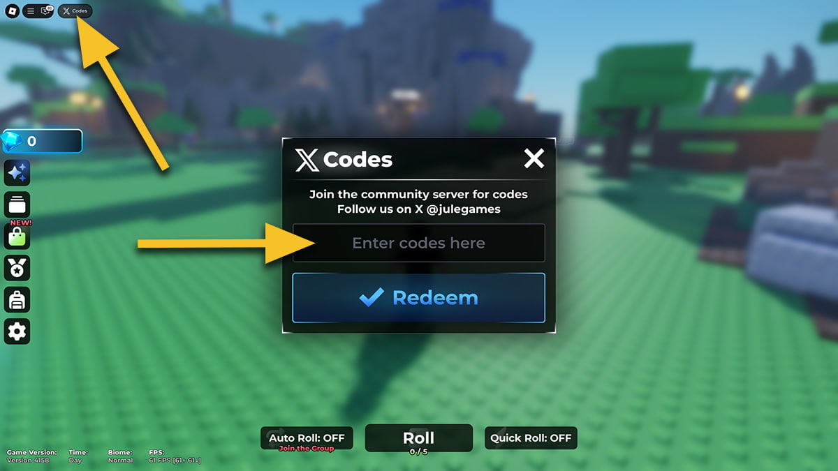 Image of the code redemption window in Jule's RNG on Roblox, with arrow s pointing at the Codes button and the code input text box.