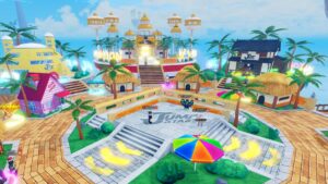 The lobby in Jump Stars. The players are gathered in the centre, on a square, with various buildings all around them.