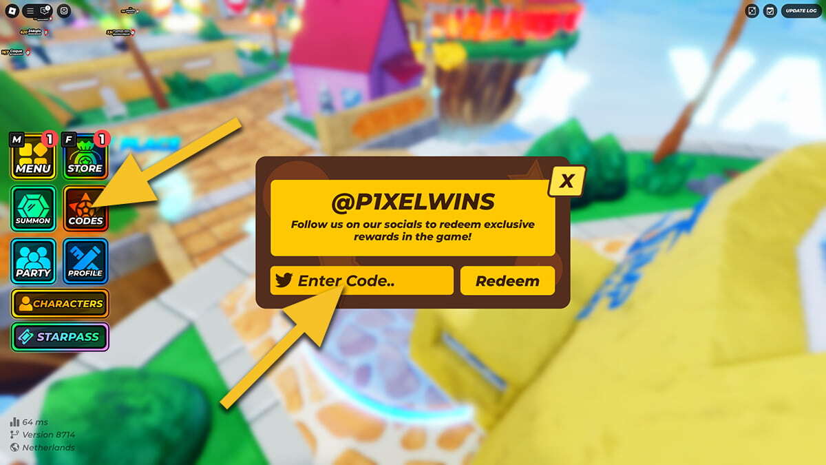 A yellow arrow points at the codes button on the left side of the screen in Jump Stars. Another yellow arrow points at the text box where the players should enter codes.