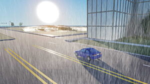 A blue car driving on an empty street in an urban area in Jupiter Florida. It's raining, but the sun is shining.