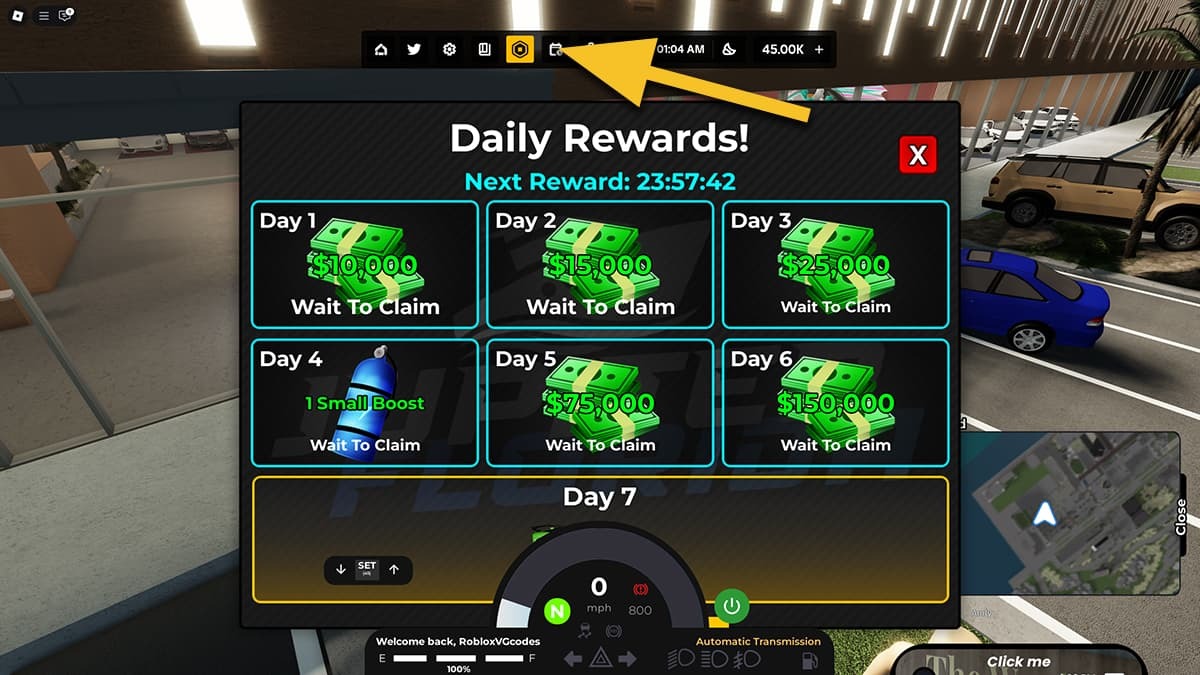 A yellow arrow points at the Calendar icon at the top of the screen in Jupiter Florida. The Daily Rewards menu is open in the middle of the screen, showing rewards for day 1 through 7.