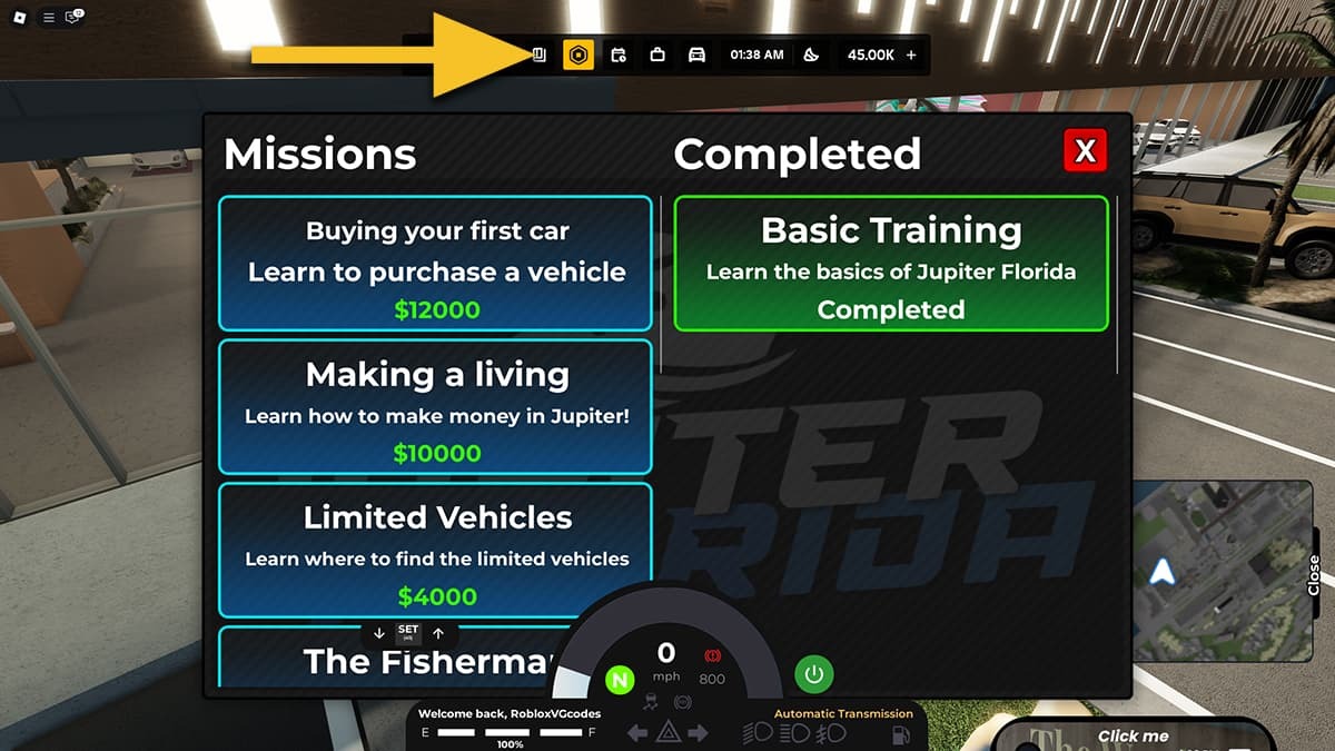 A yellow arrow points at the book icon at the top of the screen in Jupiter Florida. The Missions menu is open in the middle of the screen showing available and completed missions.
