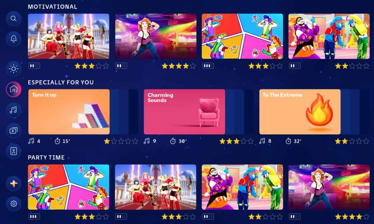 Just Dance 2024 menu featuring dance playlists screenshots.