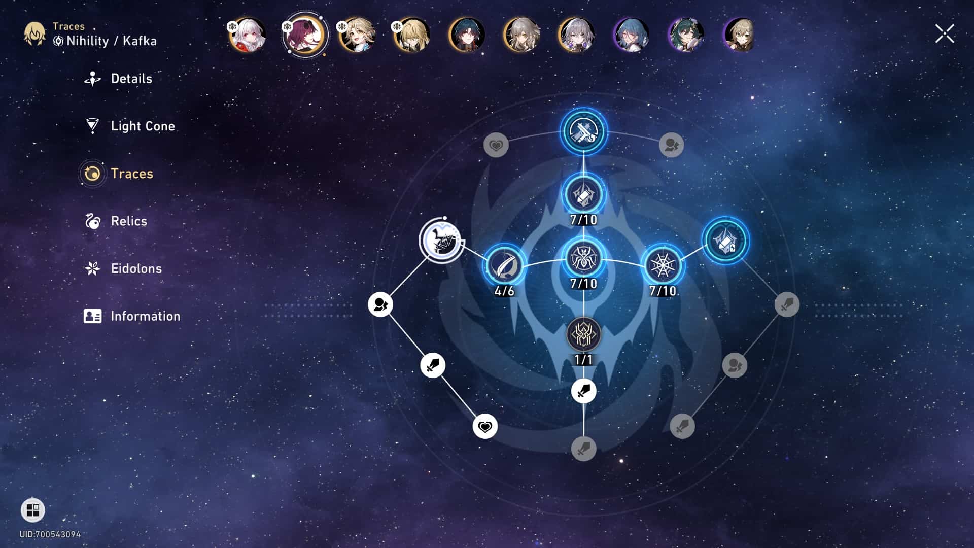 Honkai Star Rail - Kafka Traces in the character menu