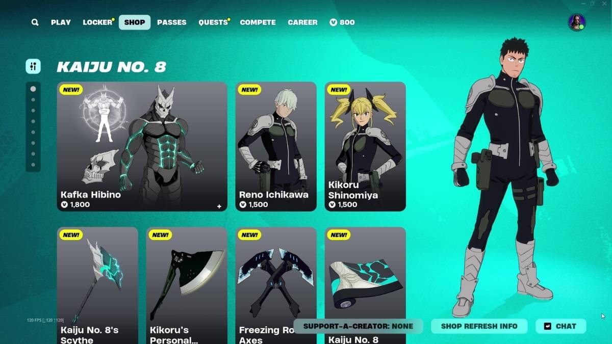 All Kaiju No. 8 skins in Fortnite Item Shop.