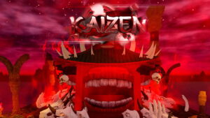 The loading screen in Kaizen. A creepy red pagoda with teeth, sculls, and spikes, the word Kaizen is written above it.