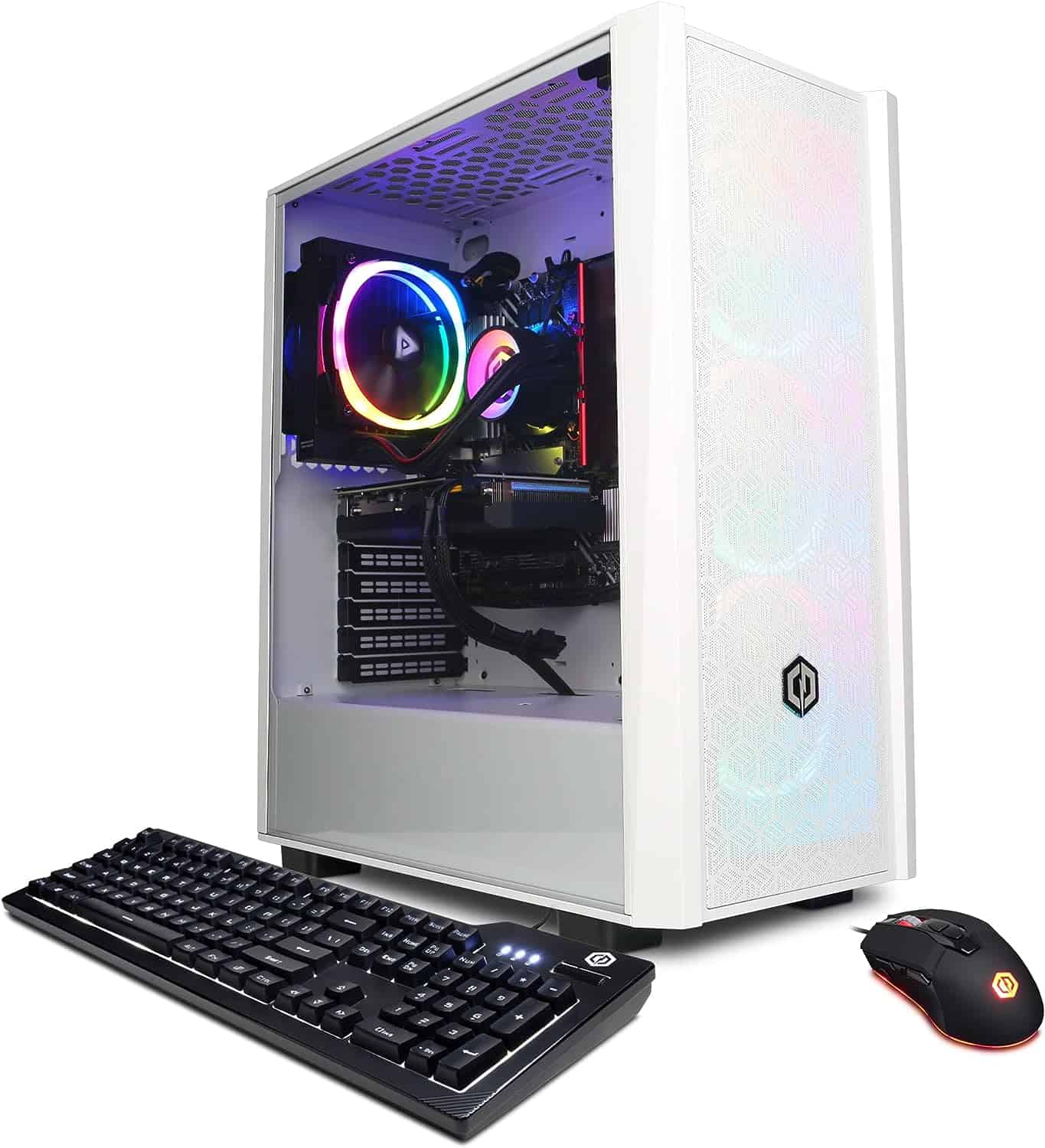 A white CyberpowerPC Gamer Xtreme VR Gaming PC with a keyboard and mouse.