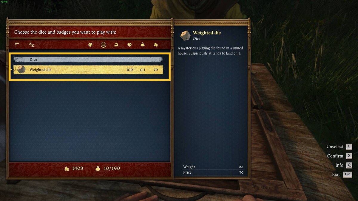 How to play Dice in Kingdom Come Deliverance 2: Dice inventory.