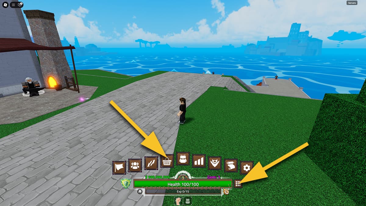 Image of the player standing in the first town of King Legacy on Roblox, with arrows pointing at the Menu and Shop icons.