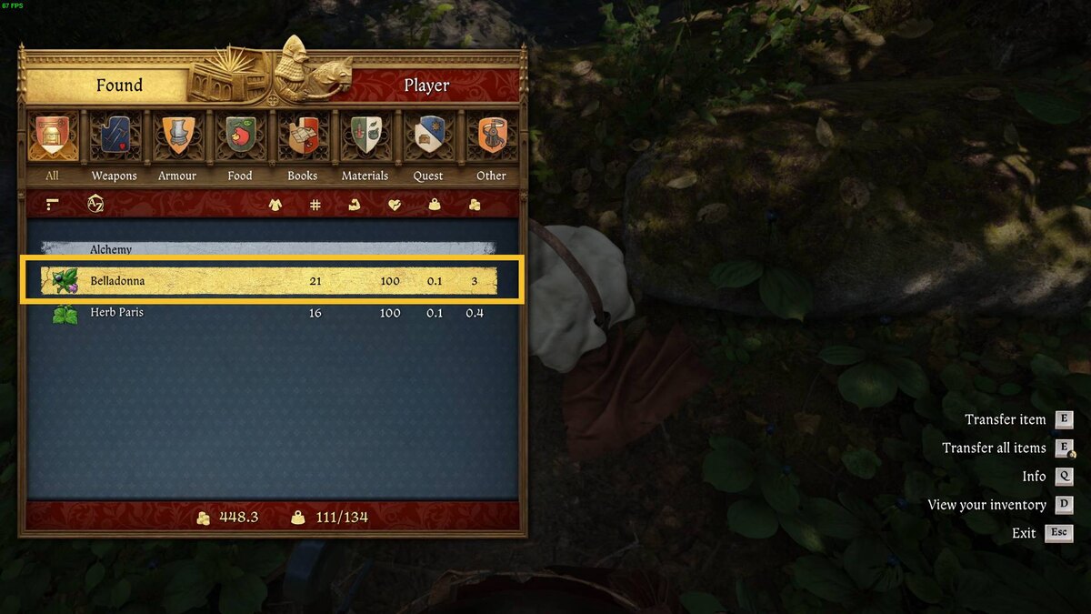 Kingdom Come Deliverance 2 Belladonna: basket inventory menu.