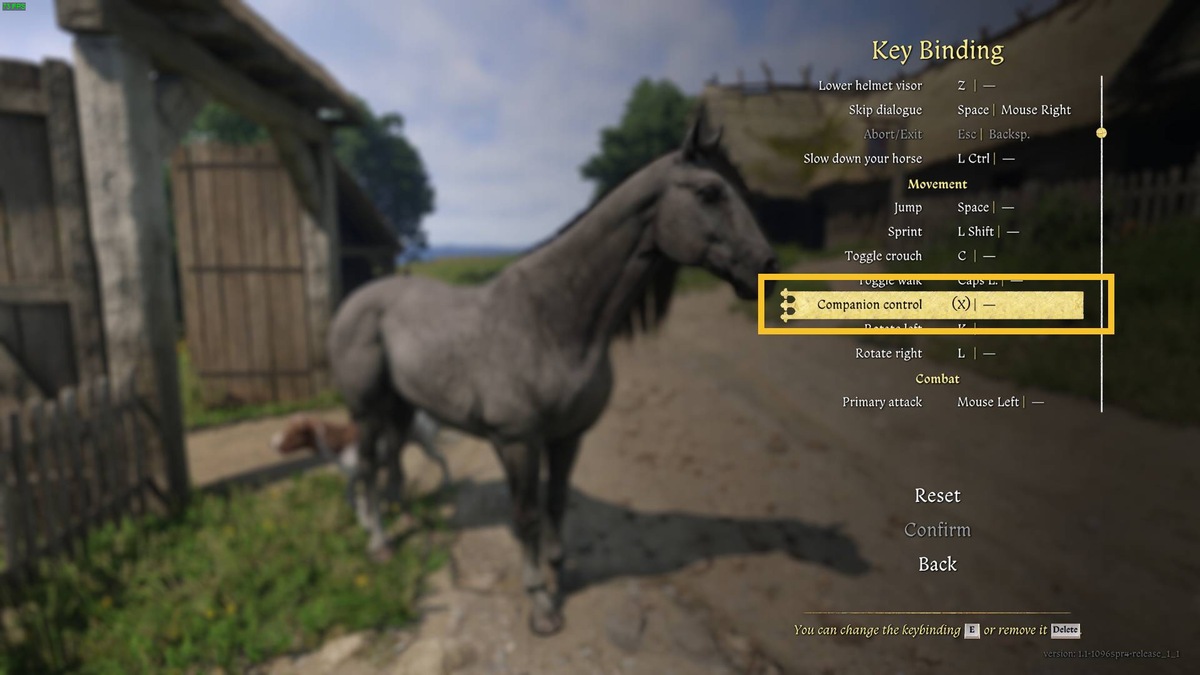 Kingdom Come Deliverance 2 call horse: key binding menu.