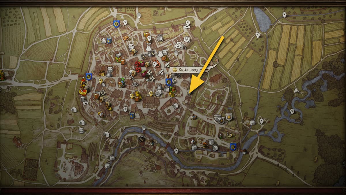 Image showing the map of Kuttenberg in Kingdom COme: Deliverance 2, with an arrow pointing at the location of flowers for Tess.