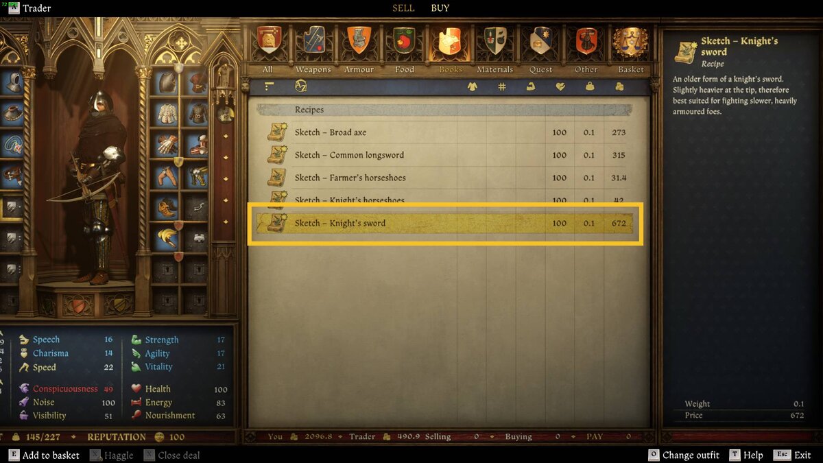 Kingdom Come Deliverance 2 Knight's Sword recipe: Blacksmith Osina inventory.