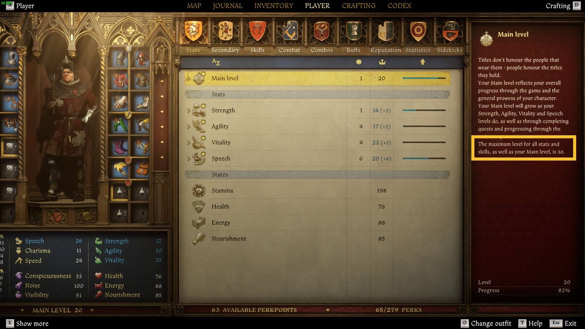 Kingdom Come Deliverance 2 level cap: Player section in the inventory.