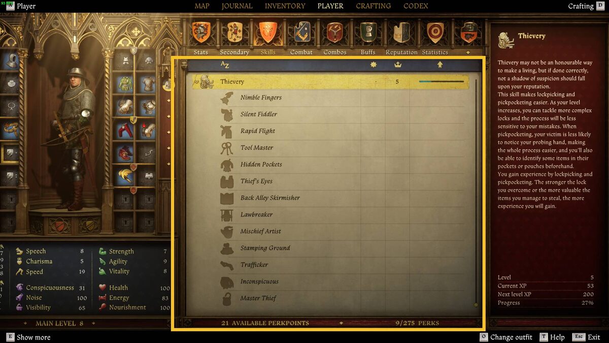 Kingdom Come Deliverance 2 lockpick: Thievery skills menu.